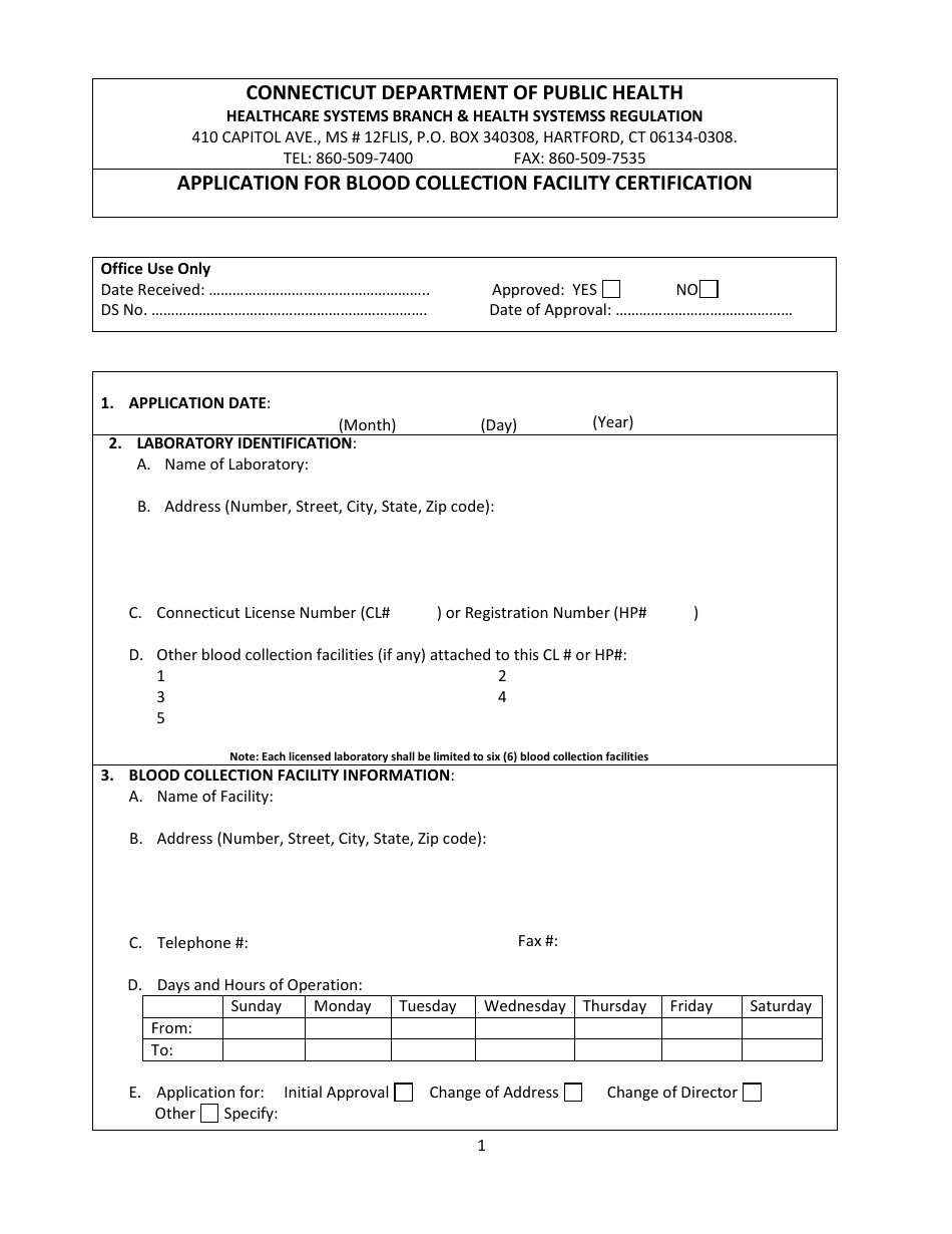 Application for Blood Collection Facility Certification - Connecticut, Page 1