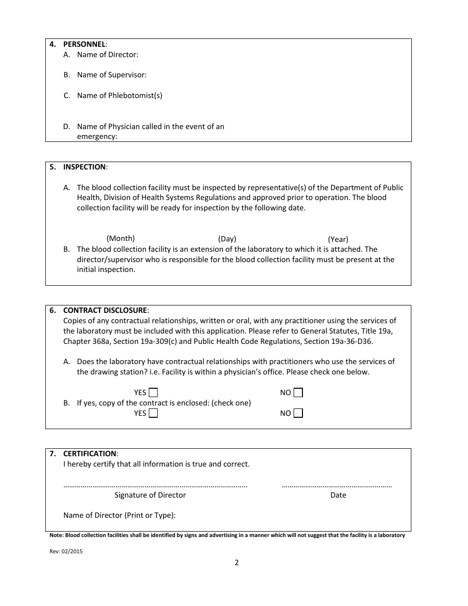 Application for Blood Collection Facility Certification - Connecticut, Page 2