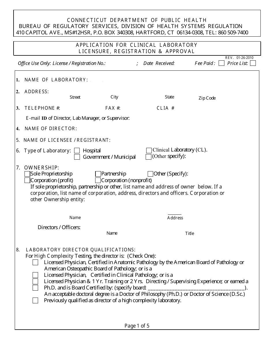 Application for Clinical Laboratory Licensure, Registration and Approval - Connecticut, Page 1