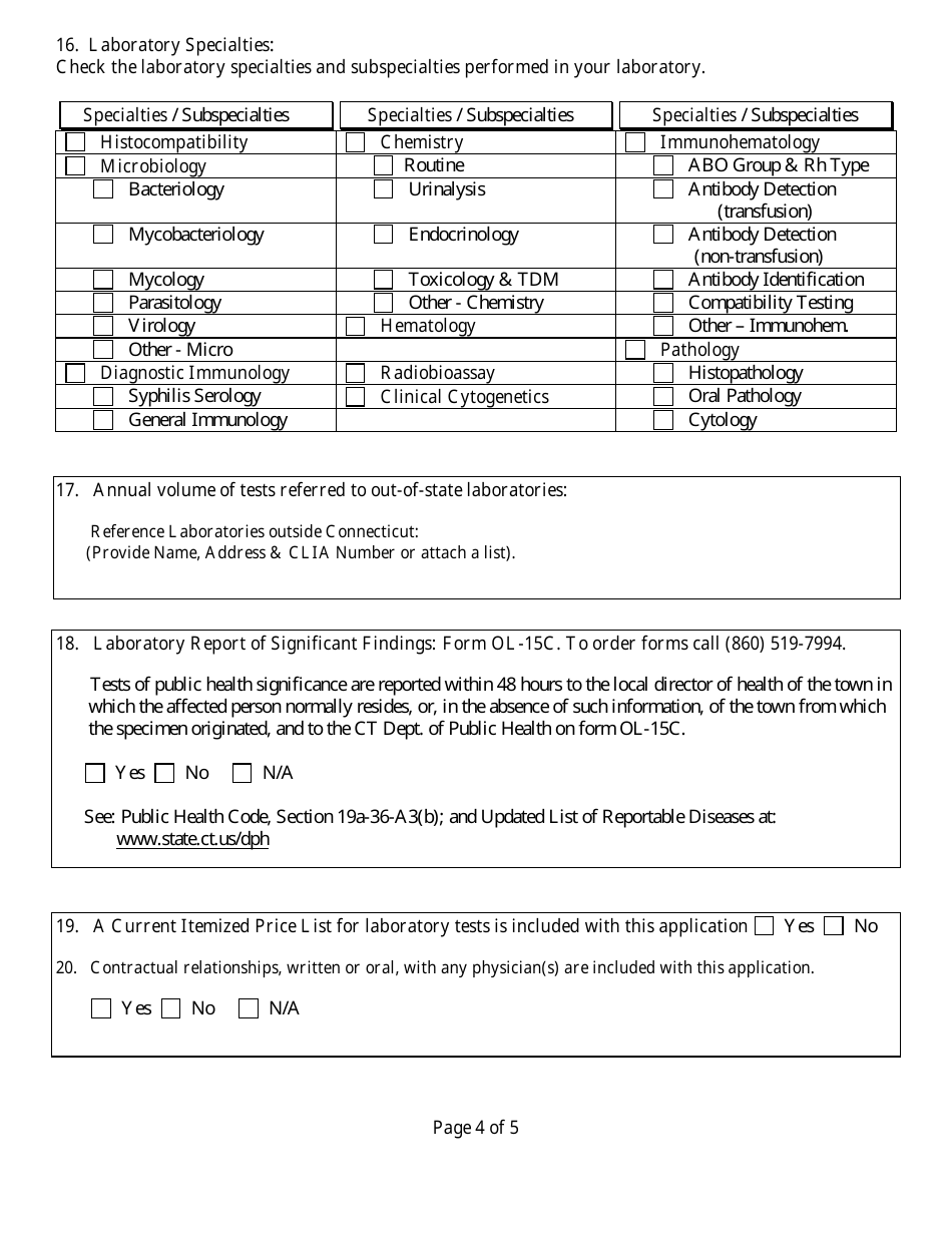 Application for Clinical Laboratory Licensure, Registration and Approval - Connecticut, Page 4