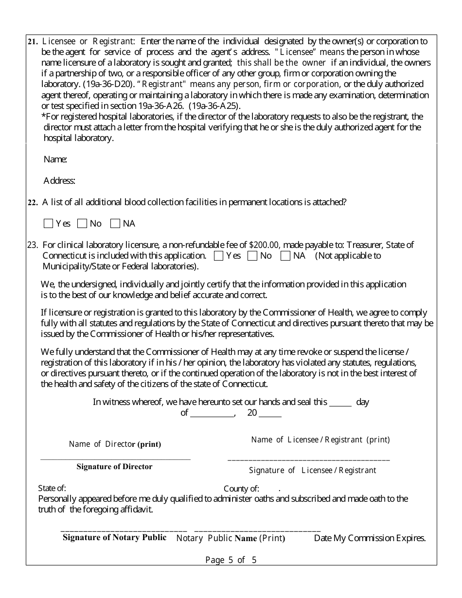 Application for Clinical Laboratory Licensure, Registration and Approval - Connecticut, Page 5