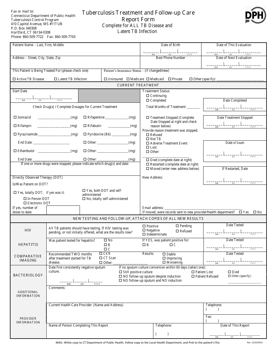 Tuberculosis Treatment and Follow-Up Care Report Form - Connecticut, Page 1