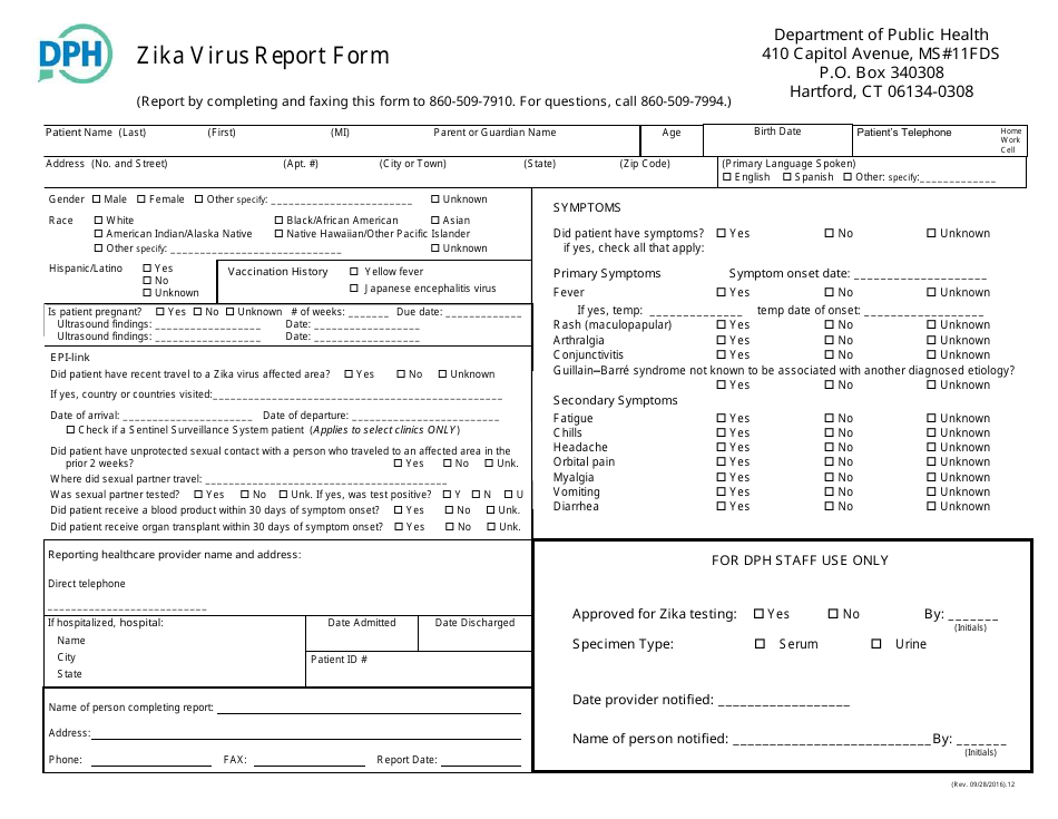 Zika Virus Report Form - Connecticut, Page 1