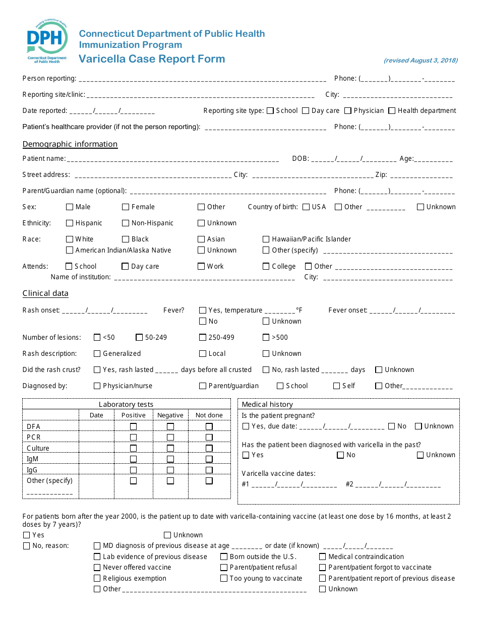 Varicella Case Report Form - Connecticut, Page 1