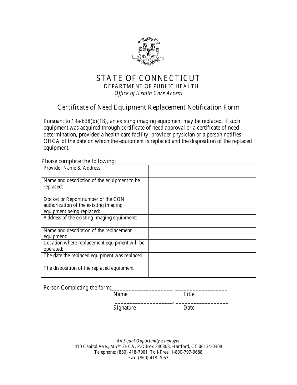 Certificate of Need Equipment Replacement Notification Form - Connecticut, Page 1
