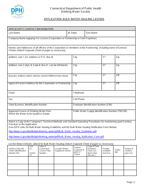 Bulk Water Hauling License Application Form - Connecticut Download Pdf