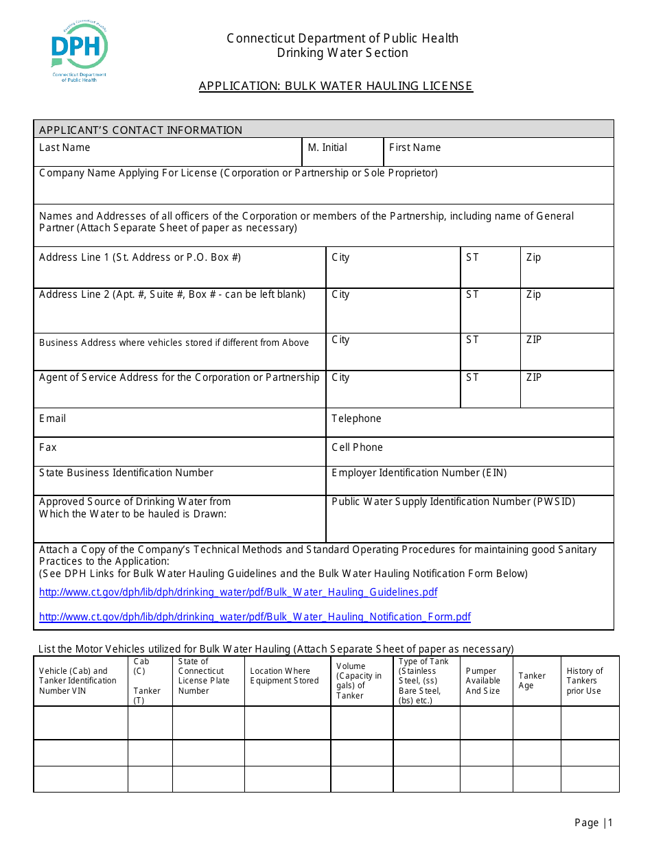 Bulk Water Hauling License Application Form - Connecticut, Page 1