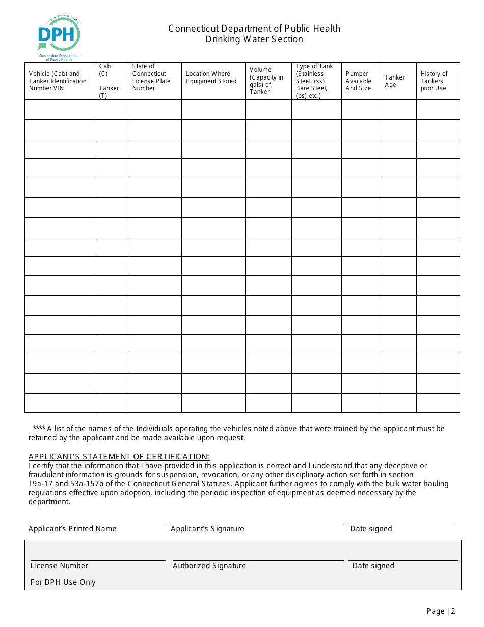 Bulk Water Hauling License Application Form - Connecticut, Page 2