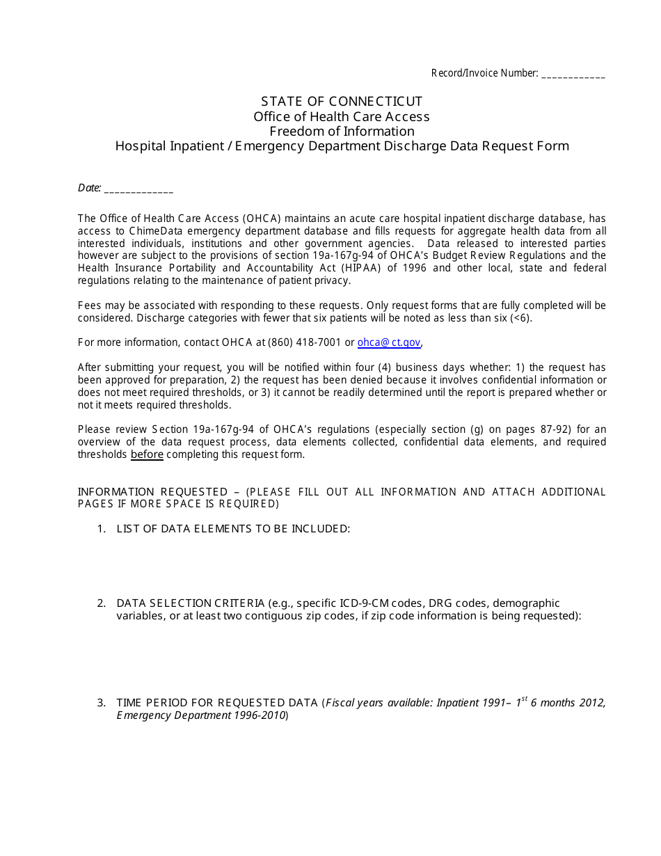 Hospital Inpatient / Emergency Department Discharge Data Request Form - Connecticut, Page 1