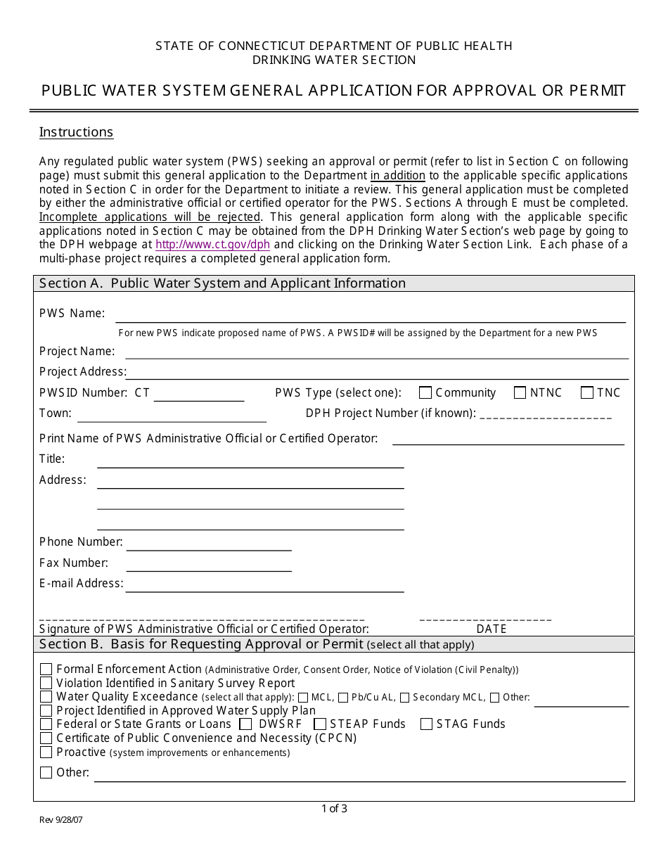 Public Water System General Application for Approval or Permit - Connecticut, Page 1