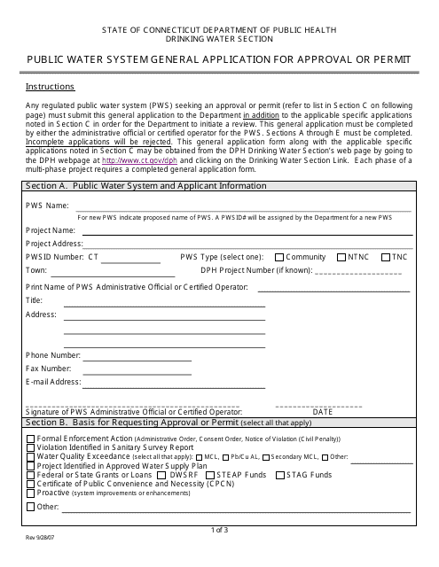 Public Water System General Application for Approval or Permit - Connecticut