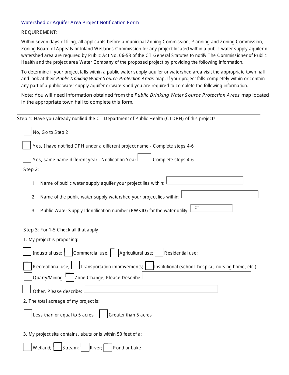 Watershed or Aquifer Area Project Notification Form - Connecticut, Page 1