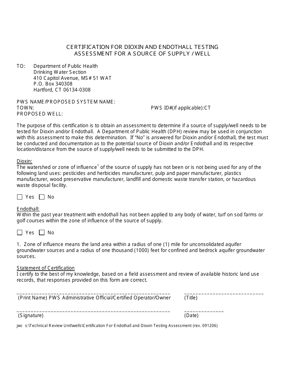 Certification for Dioxin and Endothall Testing Assessment for a Source of Supply / Well - Connecticut, Page 1