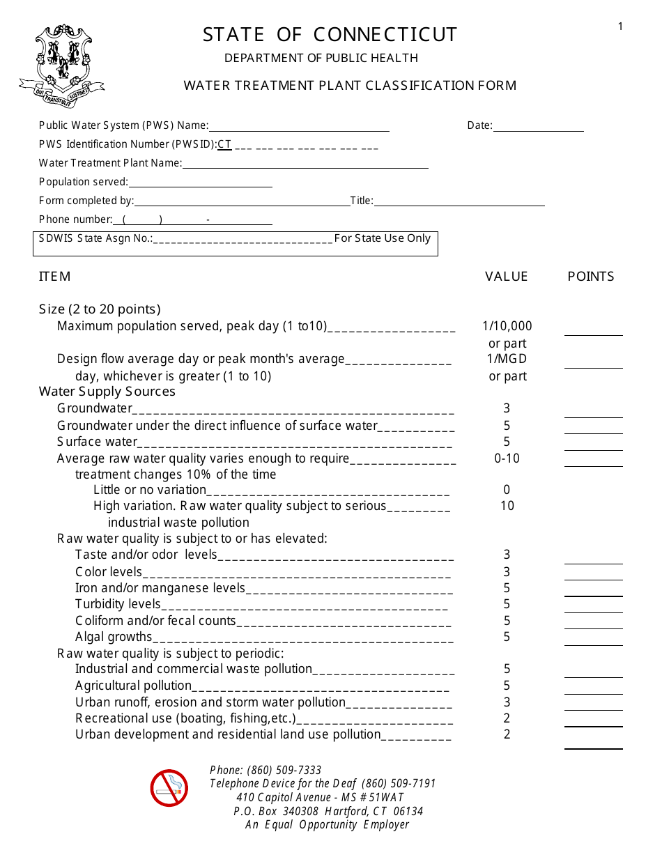 Water Treatment Plant Classification Form - Connecticut, Page 1