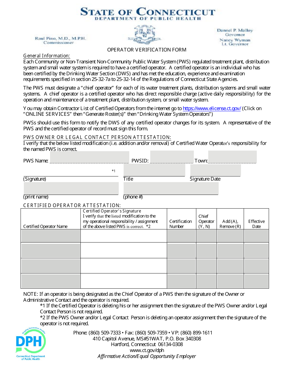 Operator Verification Form - Connecticut, Page 1