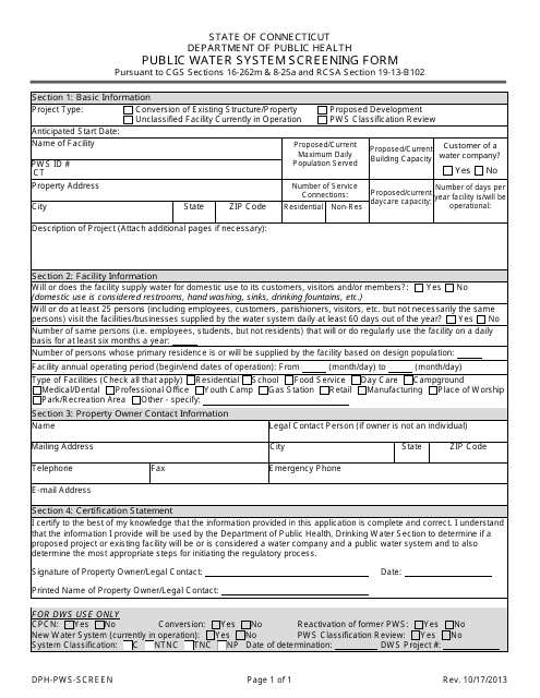 Form DPH-PWS-SCREEN Public Water System Screening Form - Connecticut