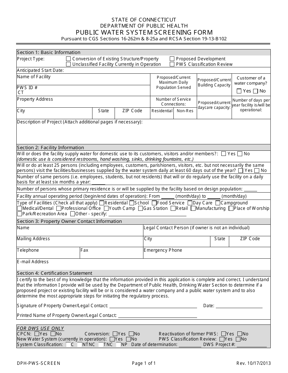 Form DPH-PWS-SCREEN Public Water System Screening Form - Connecticut, Page 1