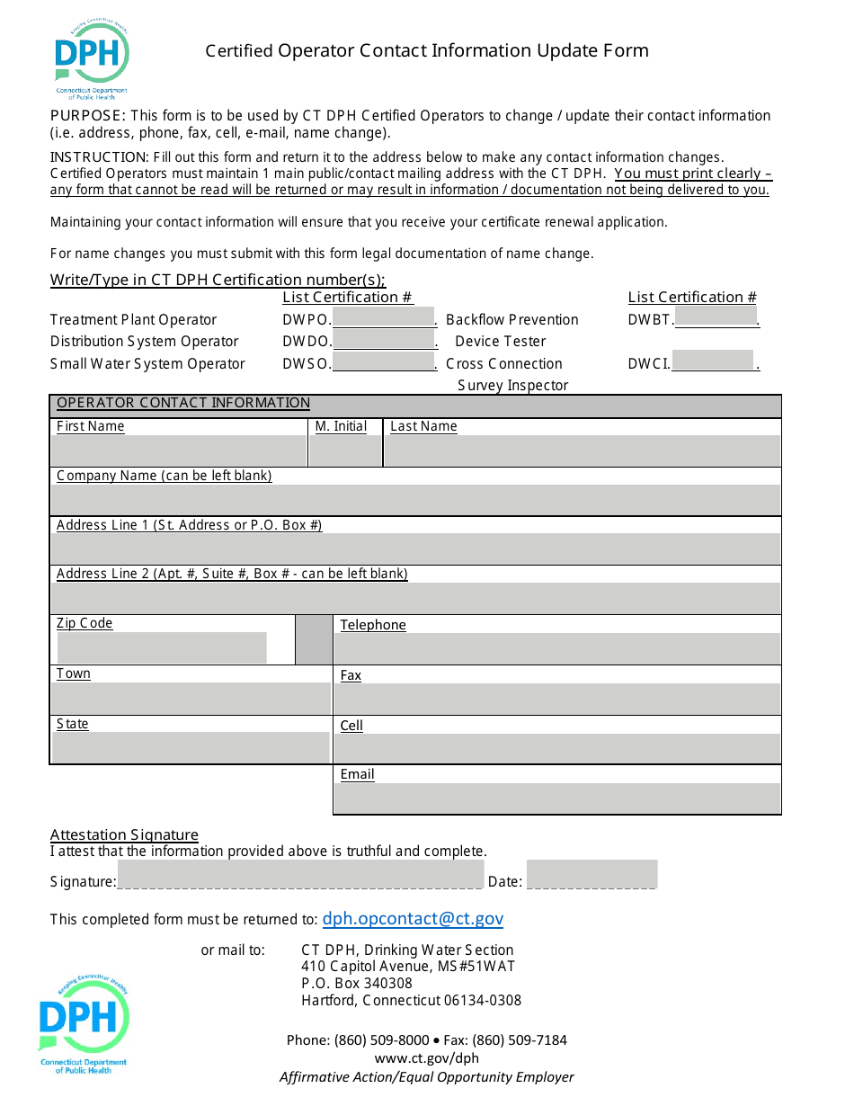 Connecticut Certified Operator Contact Information Update Form Download