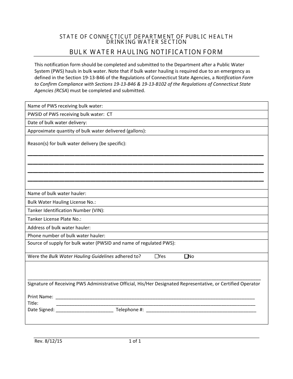 Bulk Water Hauling Notification Form - Connecticut, Page 1