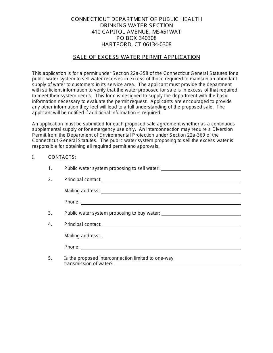 Sale of Excess Water Permit Application - Connecticut, Page 1
