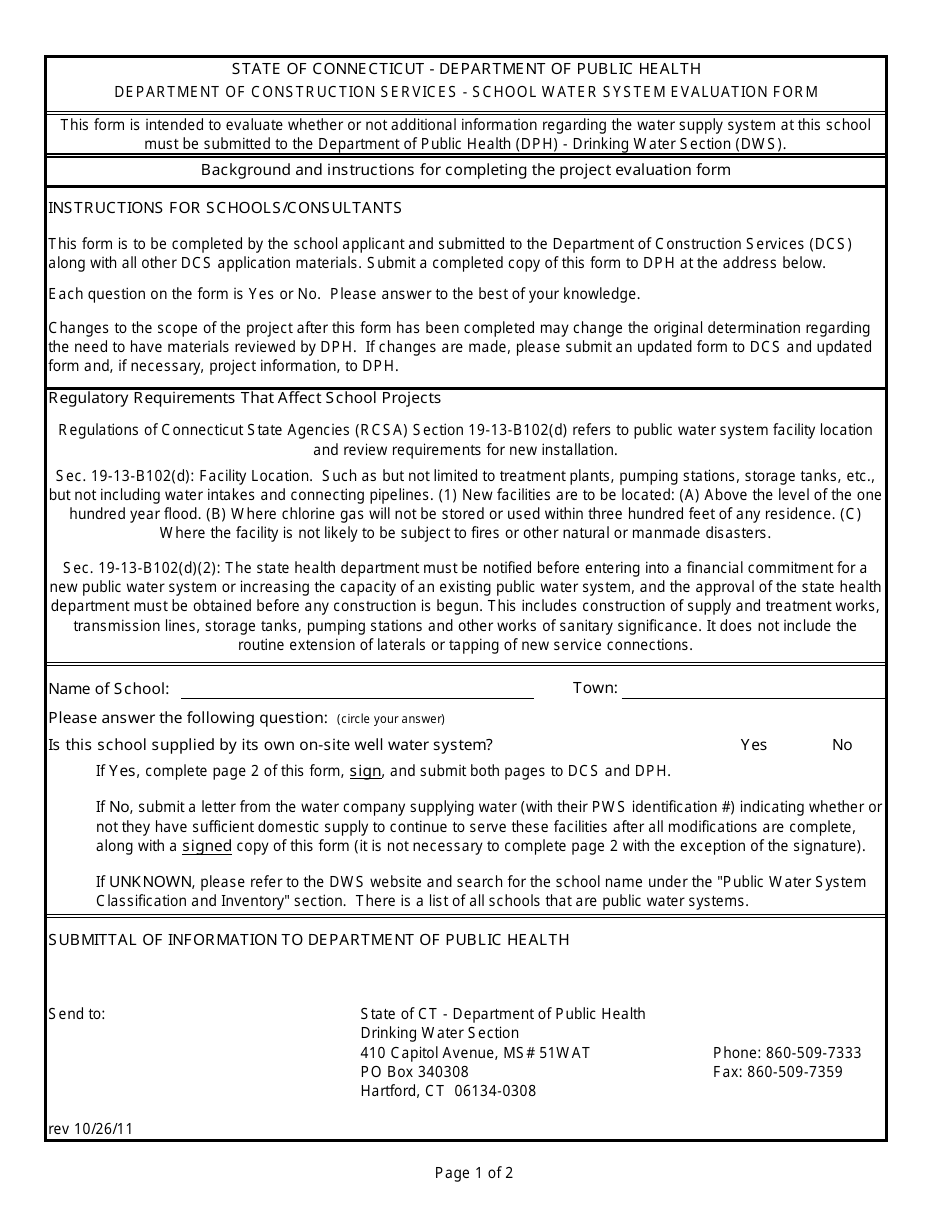 School Water System Evaluation Form - Connecticut, Page 1