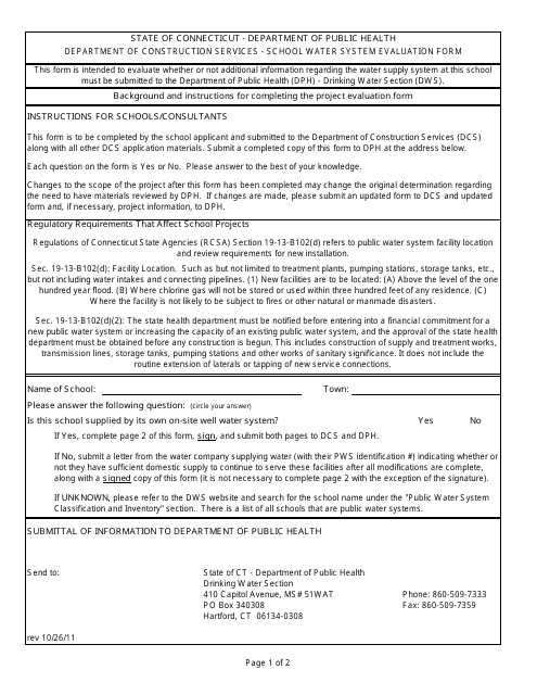 School Water System Evaluation Form - Connecticut Download Pdf