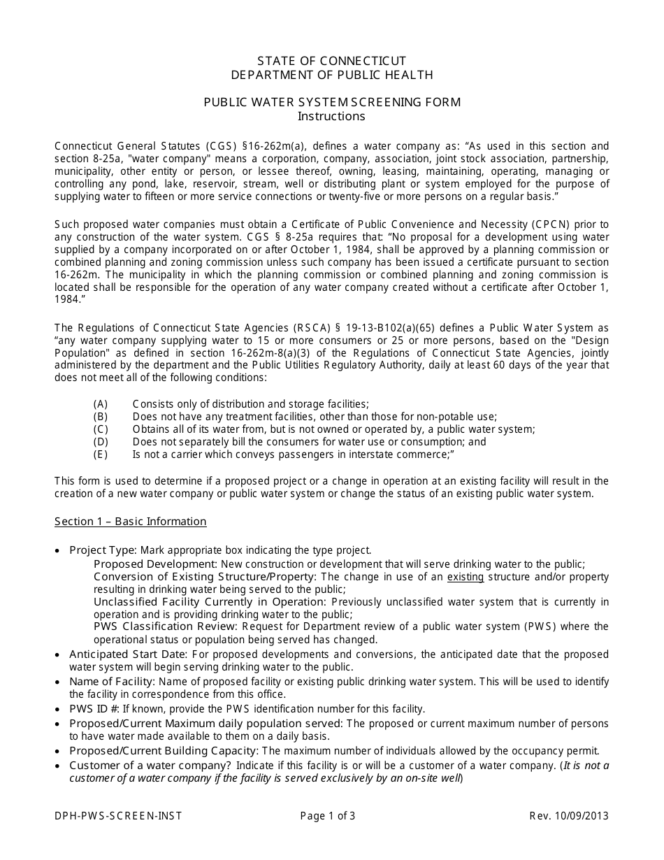 Instructions for Form DPH-PWS-SCREEN Public Water System Screening Form - Connecticut, Page 1