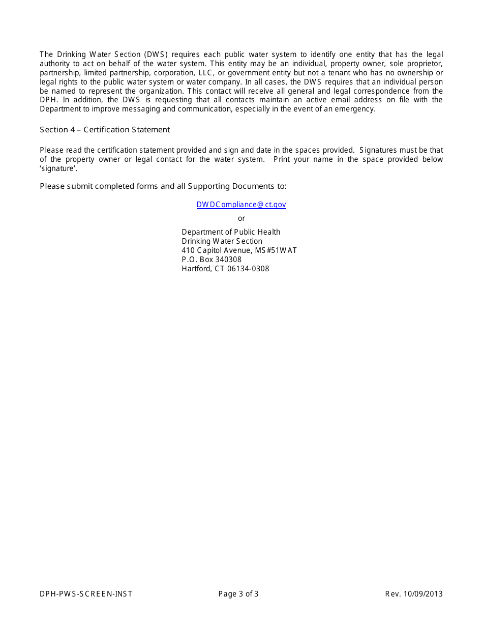 Instructions for Form DPH-PWS-SCREEN Public Water System Screening Form - Connecticut, Page 3