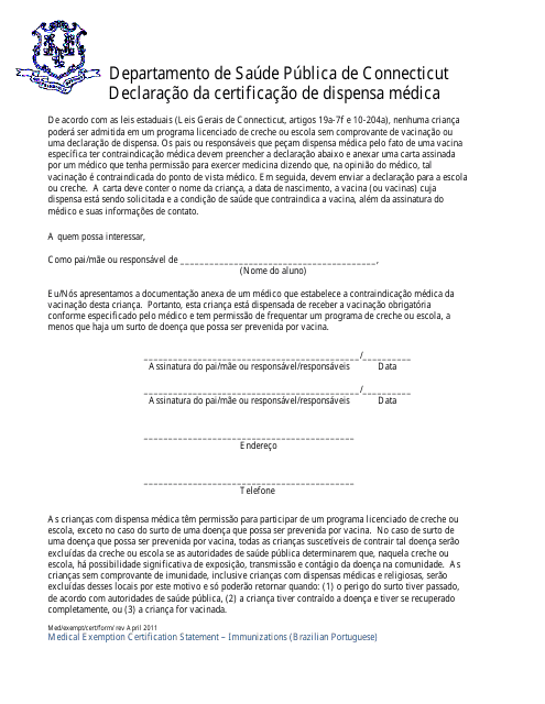 Medical Exemption Certification Statement - Connecticut (Portuguese) Download Pdf