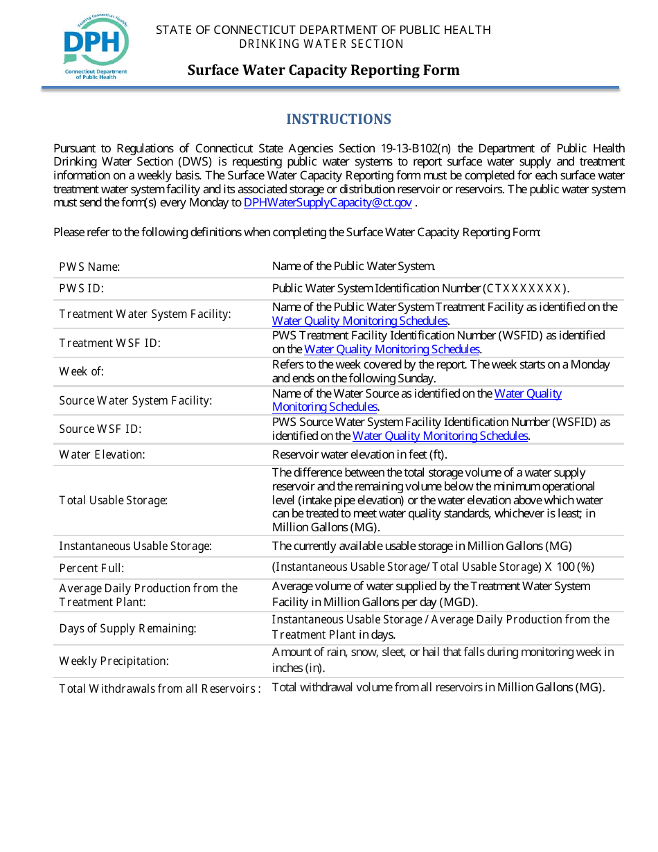 Download Instructions for Surface Water Capacity Reporting Form PDF