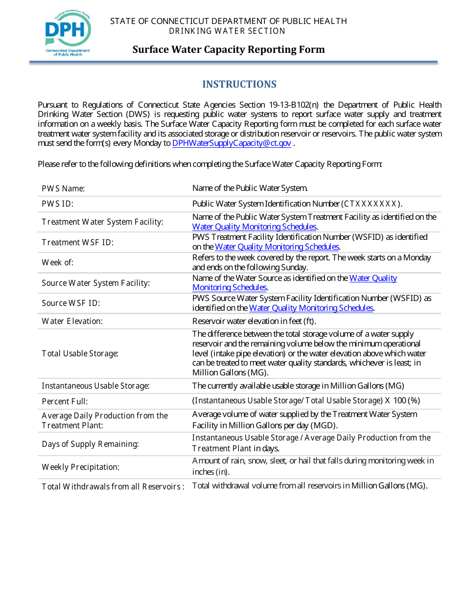Instructions for Surface Water Capacity Reporting Form - Connecticut, Page 1