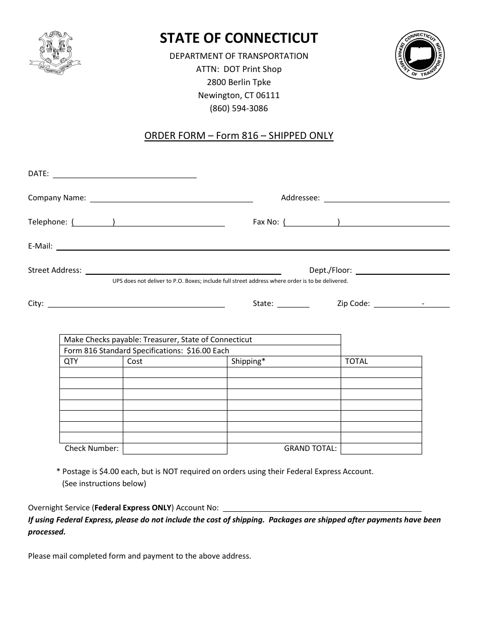 Form 816 Order Form - Connecticut, Page 1