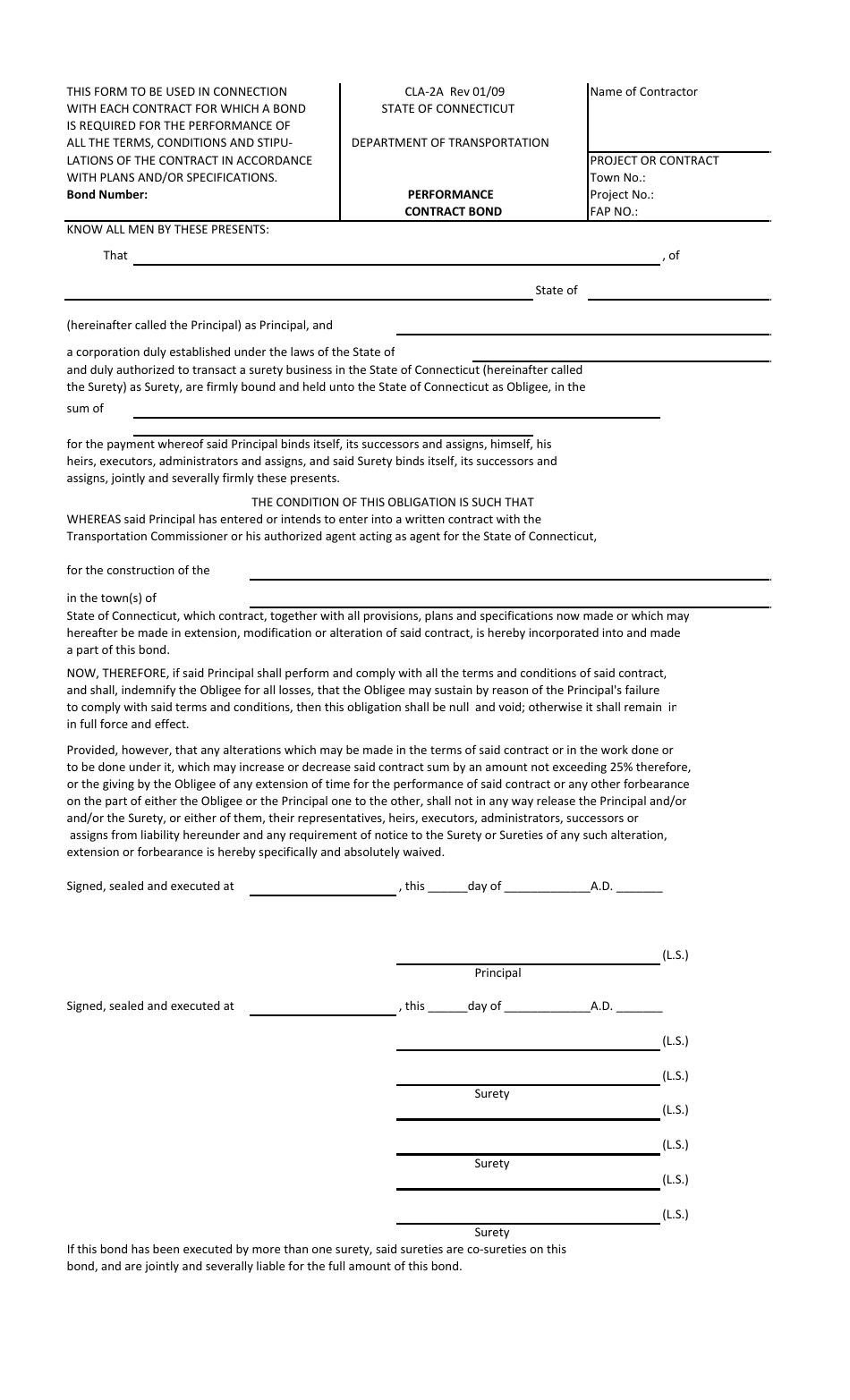 Form CLA-2A Performance Contract Bond - Connecticut, Page 1
