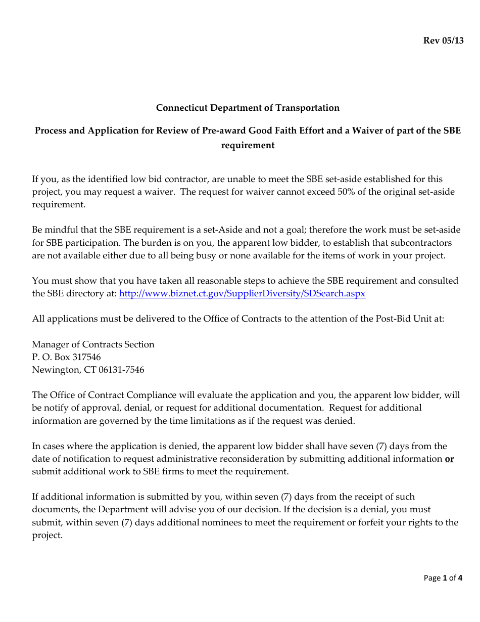 Application for Review of Pre-award Good Faith Efforts Waiver of Part of the Sbe Requirement - Connecticut, Page 1