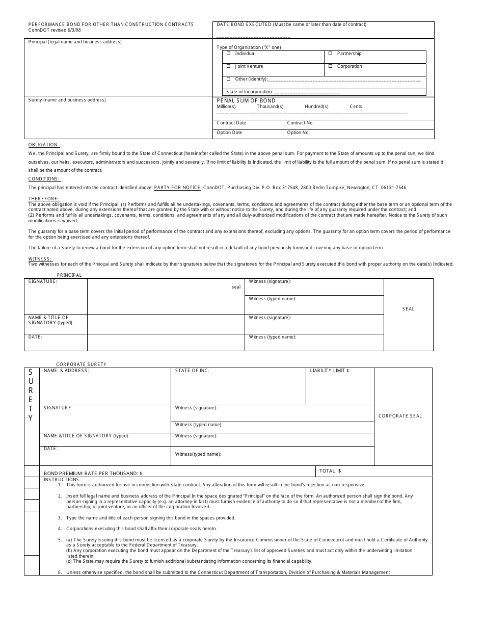 Performance Bond for Other Than Construction Contracts - Connecticut, Page 1