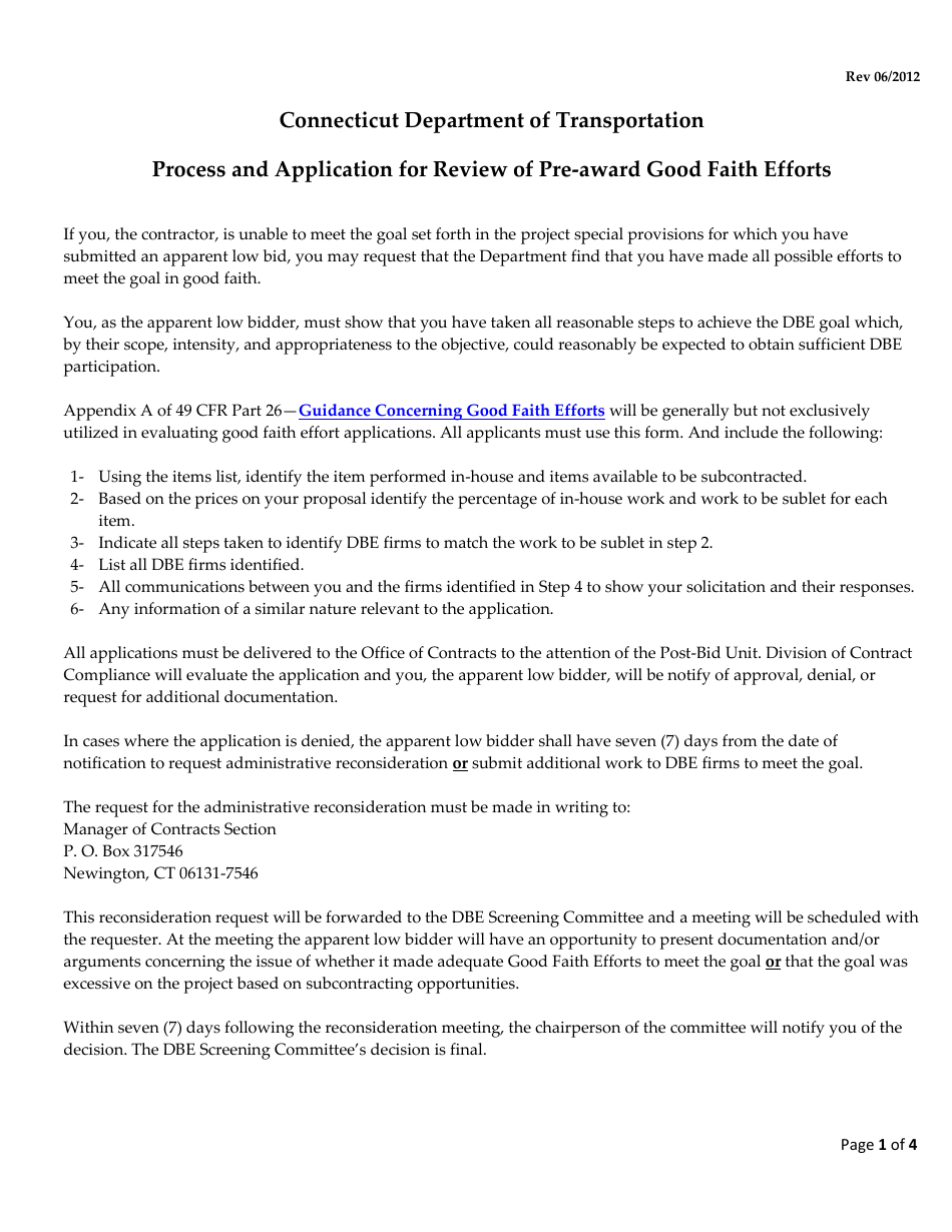 Application for Review of Pre-award Good Faith Efforts - Connecticut, Page 1