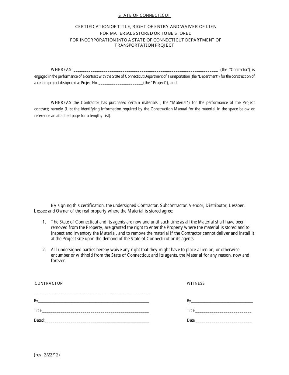 Connecticut Certification Of Title Right Of Entry And Waiver Of Lien For Materials Stored Or To Be Stored For Incorporation Into A State Of Connecticut Department Of Transportation Project Download Fillable Pdf
