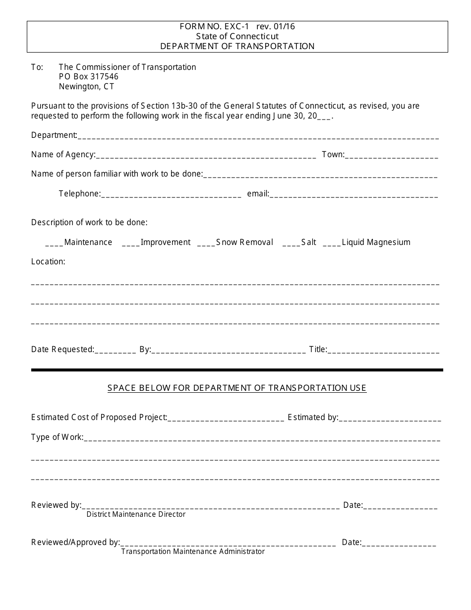 Form EXC-1 Work Performance Request (Pursuant to the Provisions of Section 13b-30 of the General Statutes of Connecticut) - Connecticut, Page 1