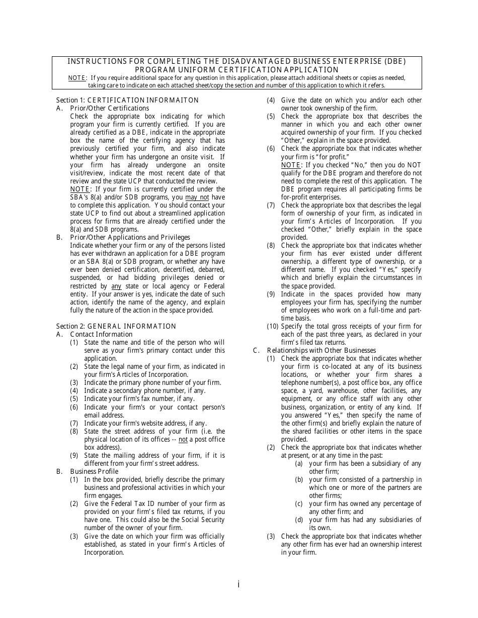 Instructions for Disadvantaged Business Enterprise (Dbe) Program Uniform Certification Application - Connecticut, Page 1