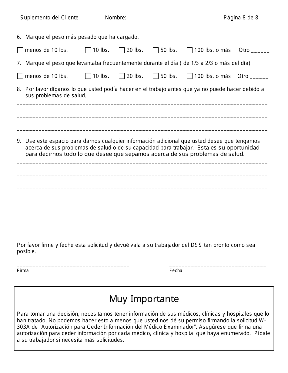 Formulario W-303S Suplemento Del Cliente Para Informacion Medica - Connecticut (Spanish), Page 8