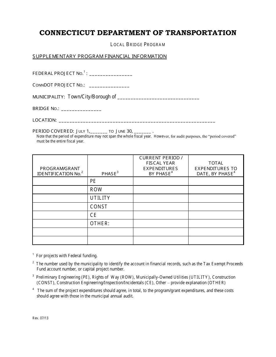 Supplementary Program Financial Information Form - Local Bridge Program - Connecticut, Page 1