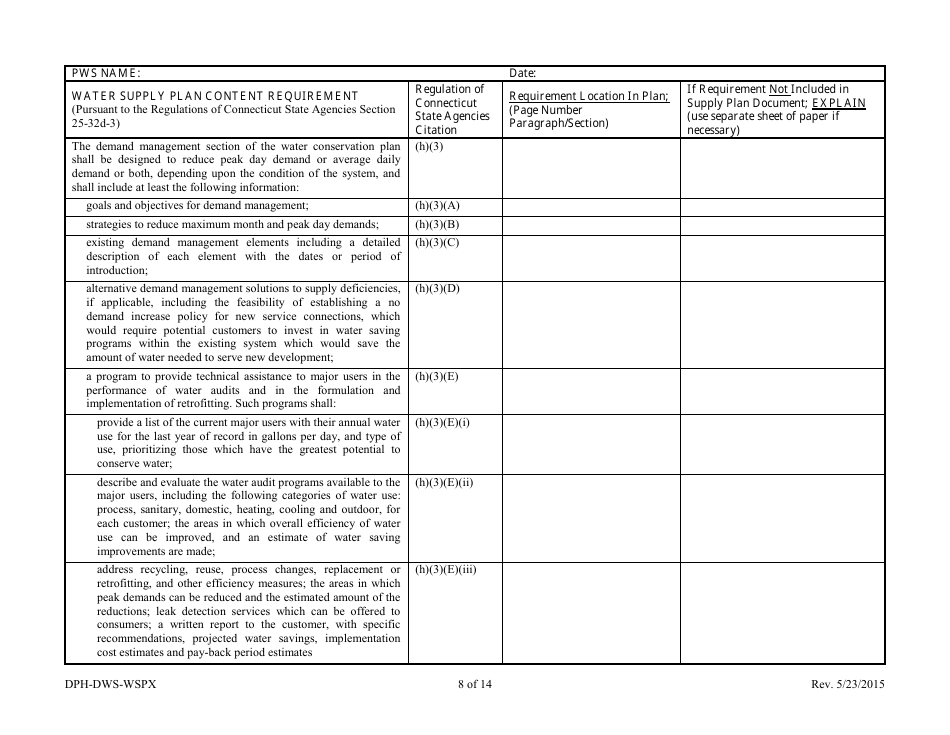 Form DPH-DWS-WSPX Water Supply Plan Completeness Cross-walk - Connecticut, Page 10