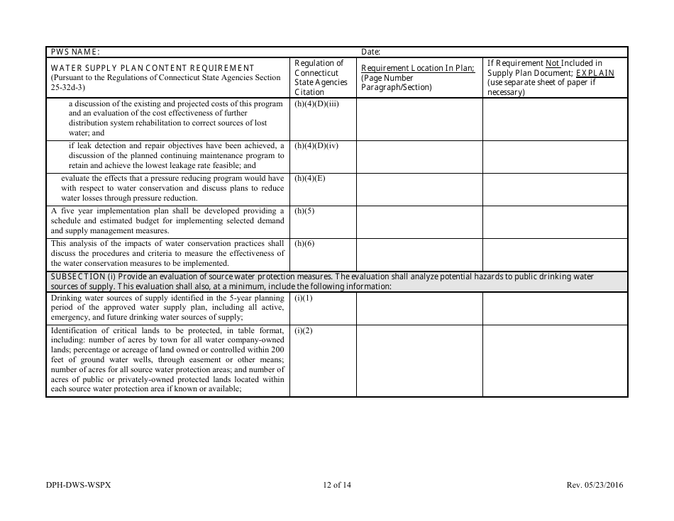 Form DPH-DWS-WSPX Water Supply Plan Completeness Cross-walk - Connecticut, Page 14