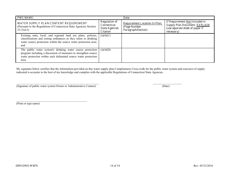 Form DPH-DWS-WSPX Water Supply Plan Completeness Cross-walk - Connecticut, Page 16