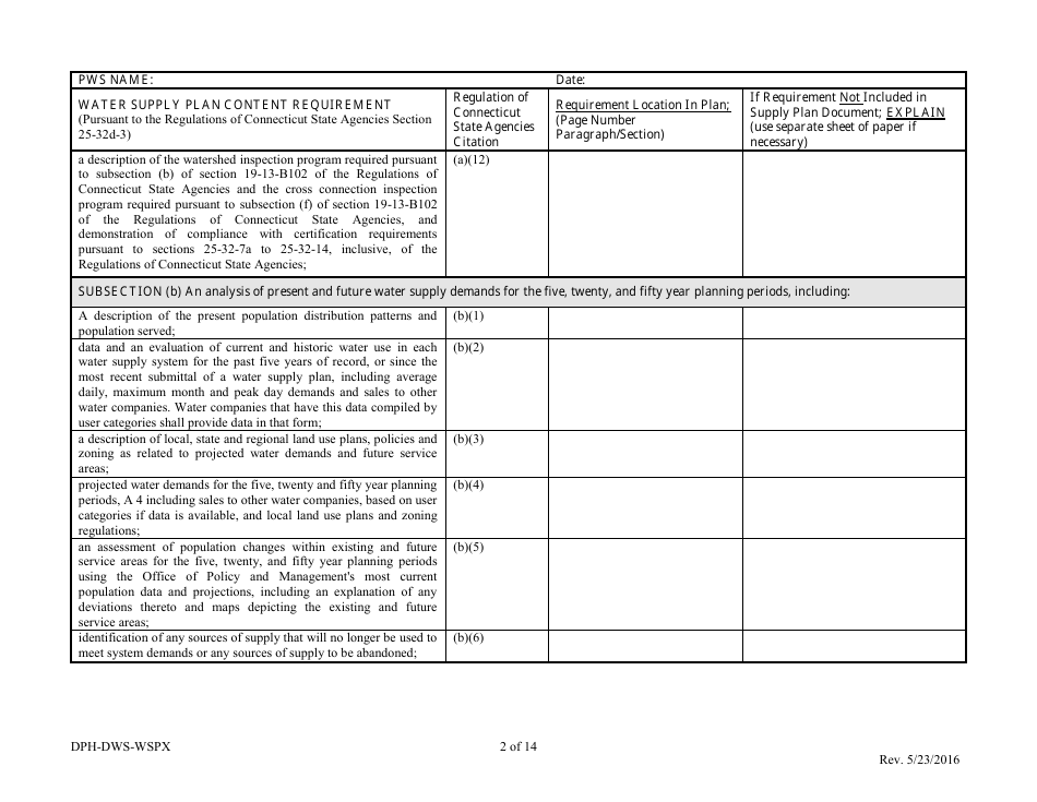 Form DPH-DWS-WSPX Water Supply Plan Completeness Cross-walk - Connecticut, Page 4