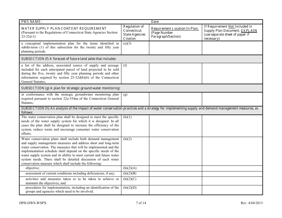 Form DPH-DWS-WSPX Water Supply Plan Completeness Cross-walk - Connecticut, Page 9