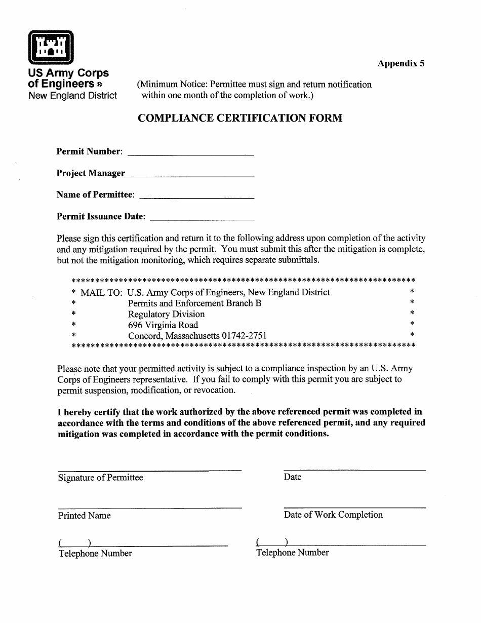 Appendix 5 Compliance Certification Form - New England District, Page 1