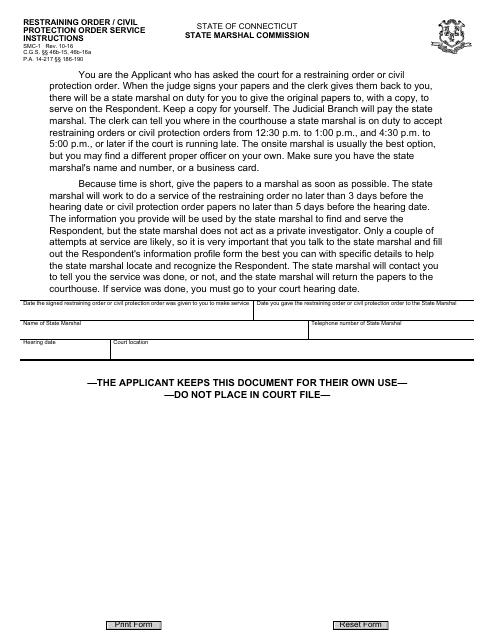 Form SMC-1 Restraining Order / Civil Protection Order Service Instructions - Connecticut (English/Spanish)