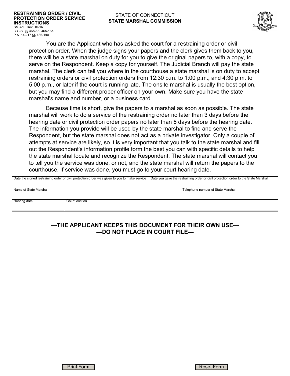 Form SMC-1 Restraining Order / Civil Protection Order Service Instructions - Connecticut (English / Spanish), Page 1
