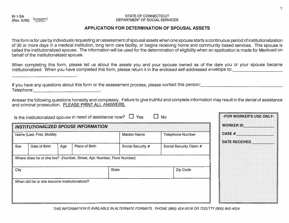 Form W-1-SA Application for Determination of Spousal Assets - Connecticut, Page 1